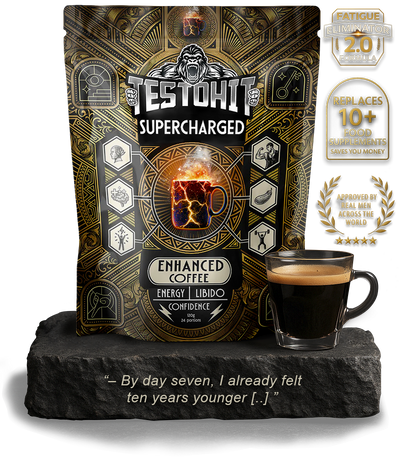 Testohit Supercharged Enhanced Coffee package with a cup of coffee.